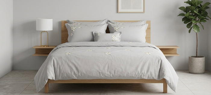 Grey embroidered daisy duvet cover set with matching pillow shams