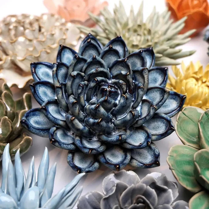 Ceramic Flower Wall Art Succulent Blue