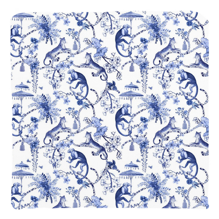Chinoiserie Monkey Cotton Pillows Toile de Jouy Blue White