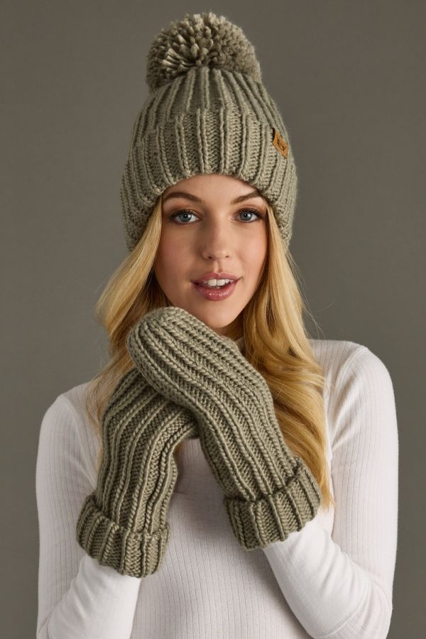 Dusty Sage Knit Cuffed Pom Hat