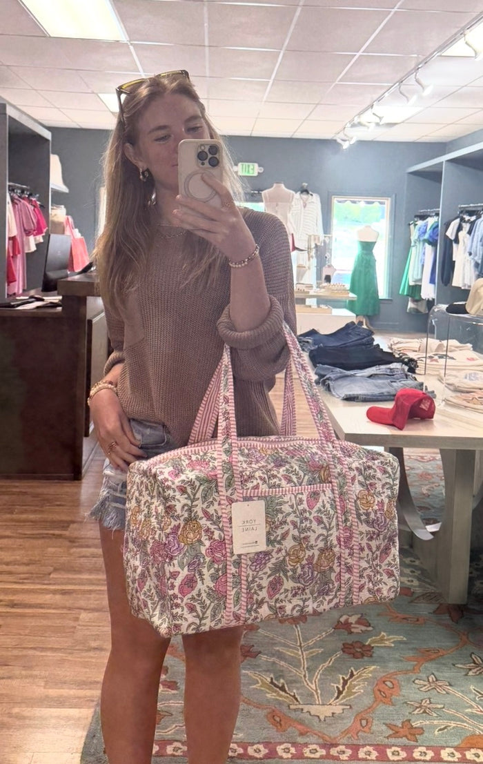 Handmade Quilted Cotton Duffle Bag, Block Printed Floral Weekender - White & Pink Floral