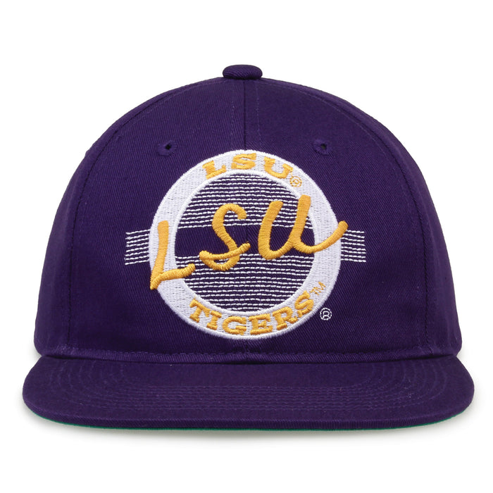 LSU Retro Circle snapback hat in purple, front view