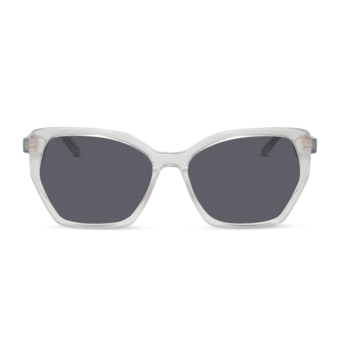 diff eyewear featuring the maisie cateye prescription sunglasses with a opalescent pink frame and grey prescription lenses front view