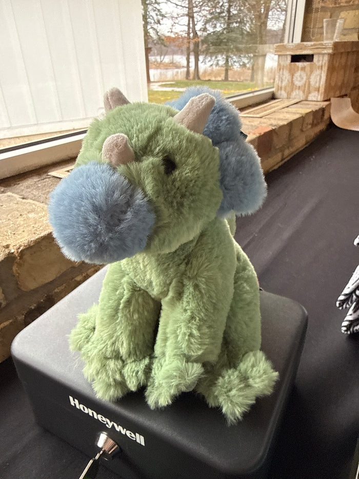Roarie Mini Soft Dino Triceratops stuffed animal plush by Douglas in green and blue colors