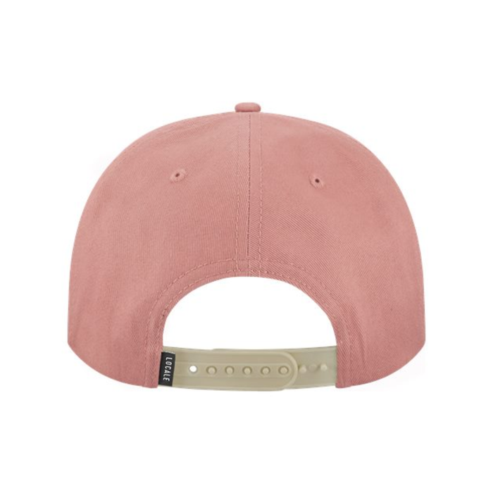 Snap back closure on a pink trucker hat.
