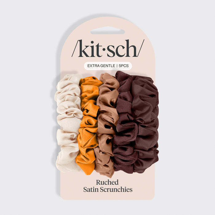 KITSCH Sedona Satin Petite Scrunchies 5pc Set — product on branded packaging card — 5-piece mini satin scrunchie set in Sedona earth tones