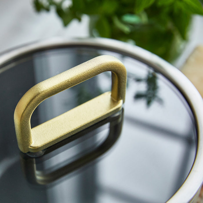 Stainless steel 2-quart saucepan lid with a champagne-colored handle, reflecting green foliage.
