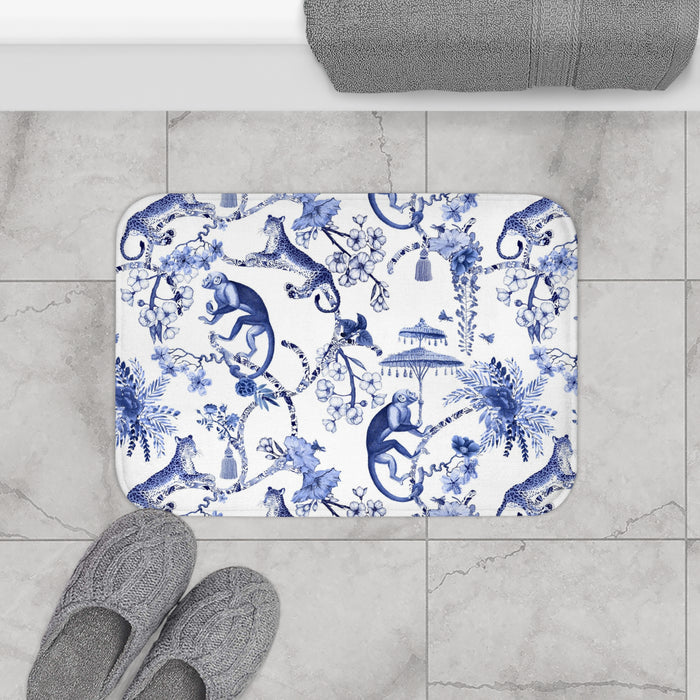 Toile de Jouy Bath Mat Blue Monkey Umbrella Jungle