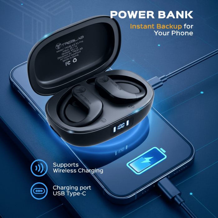 Power bank with wireless charging capabilities on a blue background