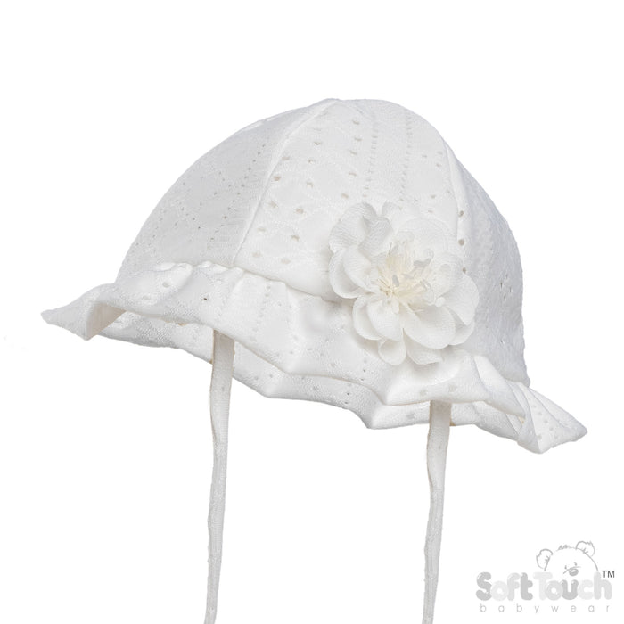 WHITE BROIDERY ANGLAIS HAT W/FLOWER (0-24 M) (PK 6) H80-W