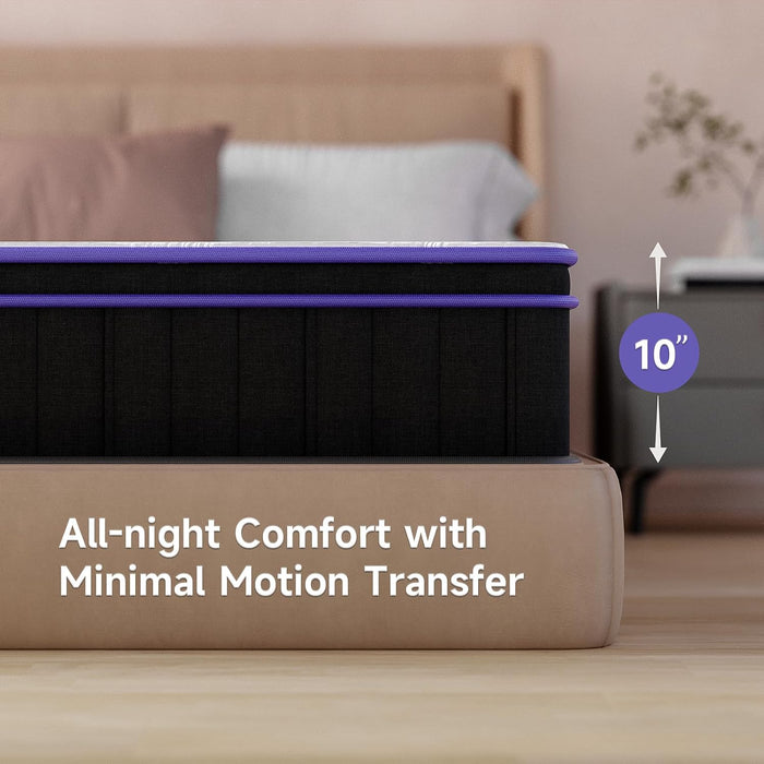Mattress with 10-inch thickness labeled, showing 'All-night Comfort with Minimal Motion Transfer' text.