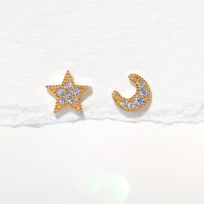 14k Solid Gold My Moon and Stars Stud Earrings