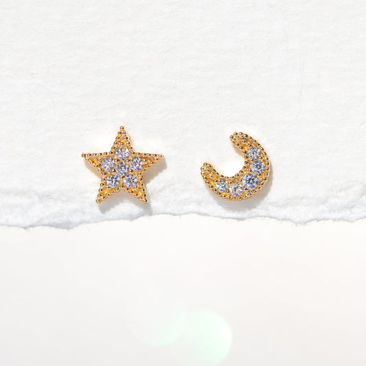 14k Solid Gold My Moon and Stars Stud Earrings