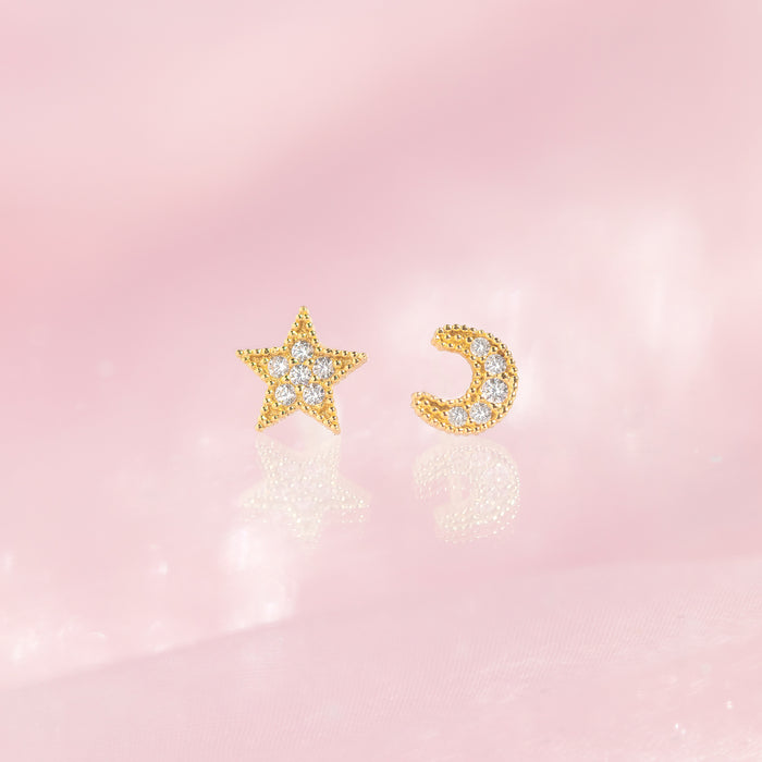 14k Solid Gold My Moon and Stars Stud Earrings