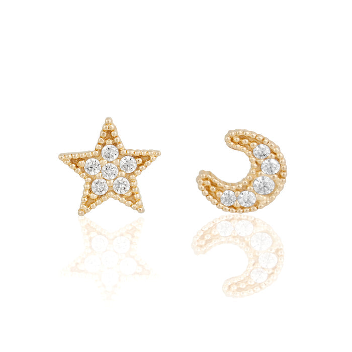 14k Solid Gold My Moon and Stars Stud Earrings