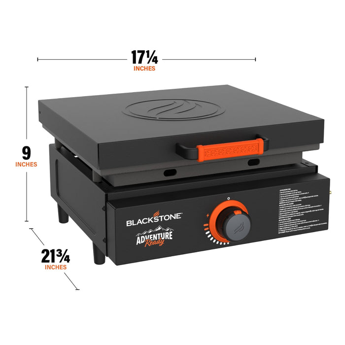 The griddle measures 17 1/4 inches by 9 inches by 21 3/4 inches.