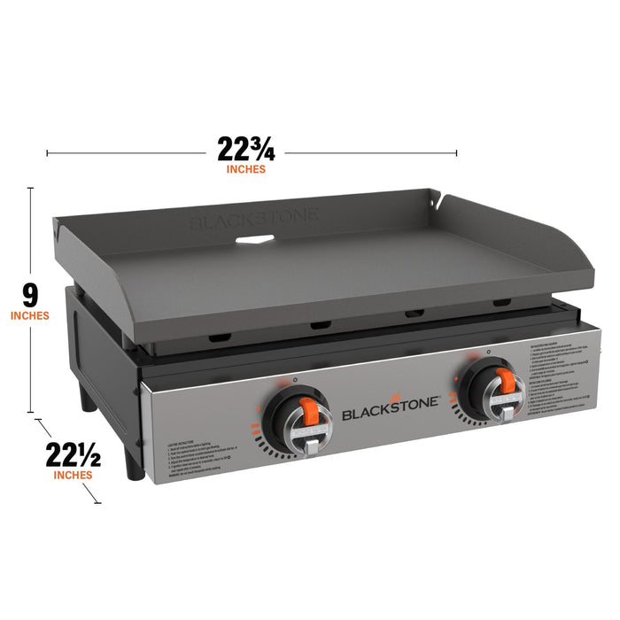 The griddle measures 22 3/4 inches by 9 inches by 22 1/2 inches.