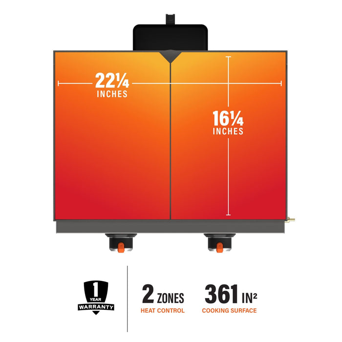 With two independently controlled heat zones spread across 361 square inches of cooking spaces, you'll have room to cook it all.
