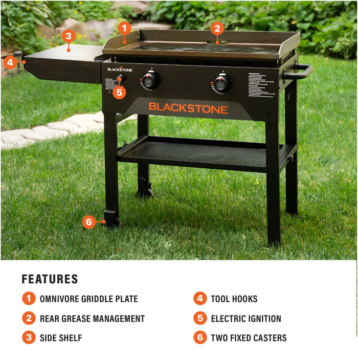 The griddle features an Omnivore Griddle Plate, Rear Grease Management, side shelf, tool hooks, electric push-button ignition, and two fixed caster wheels.