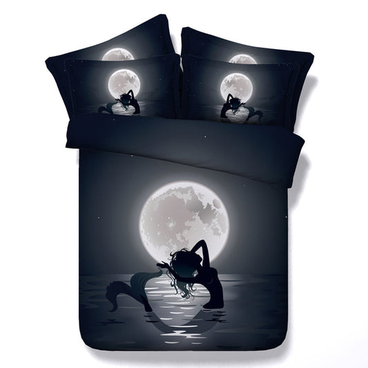 3D 4pc-5pc Black Mermaid Moon Duvet Cover Bedding Set