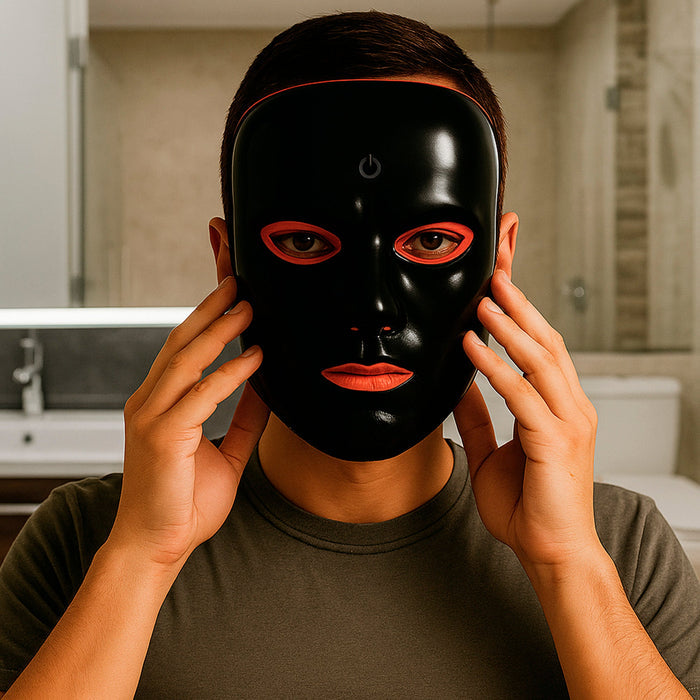 Person wearing a black face mask with red accents in a bathroom setting