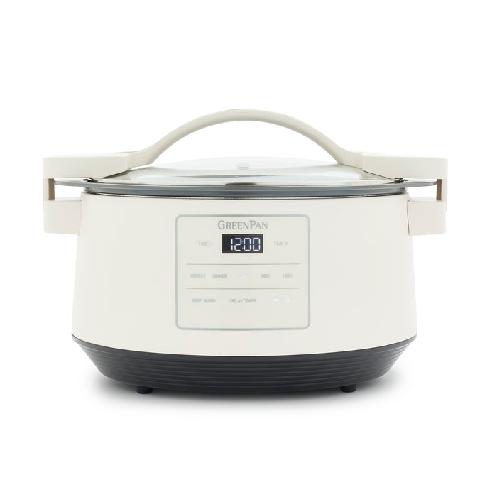 GreenPan 8-quart slow cooker in cloud cream with locking lid, handle, and digital display on a white background.