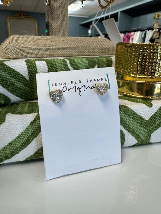 Gold Heart & Rhinestone Stud Earrings
