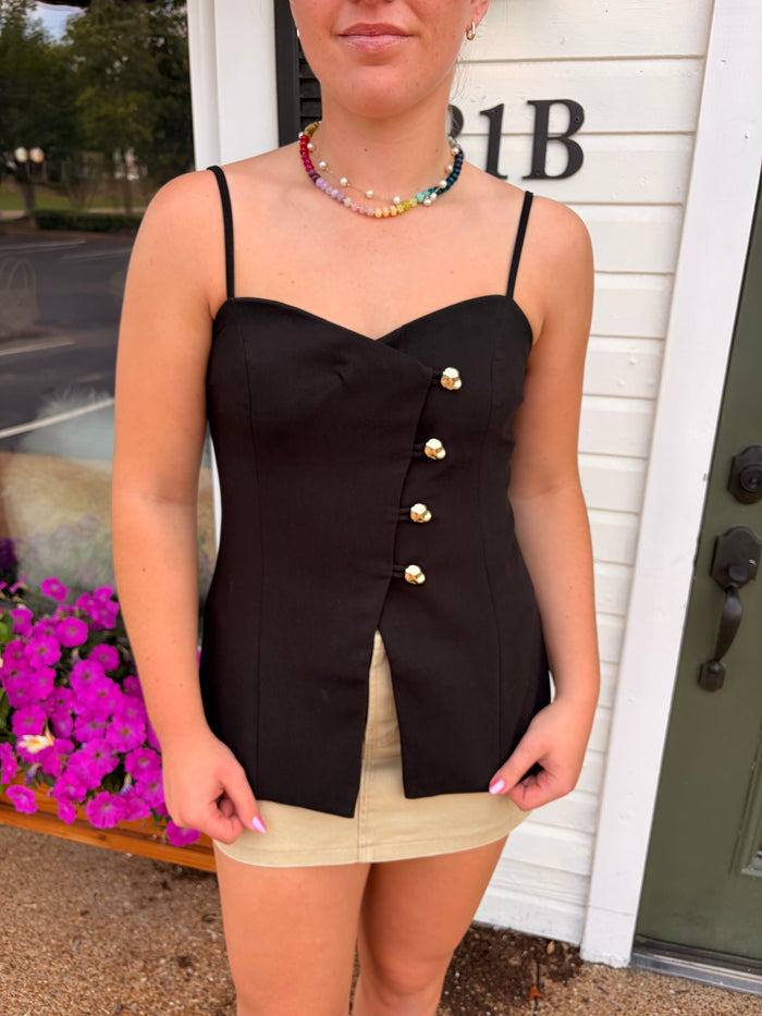 Flared Hem Button Up Spaghetti Strap Top
