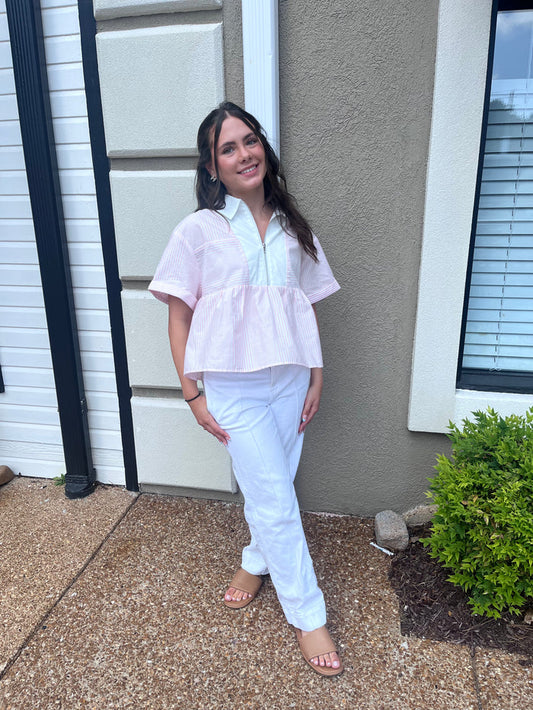 Striped Half Zip Baby doll Top