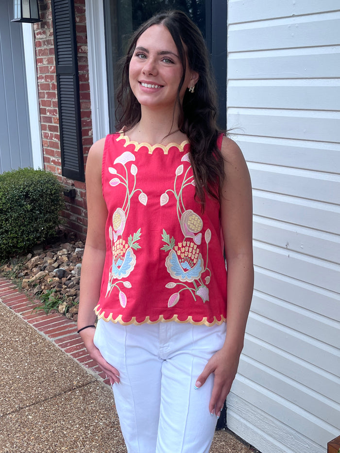 Floral Embroidery Scalloped Top