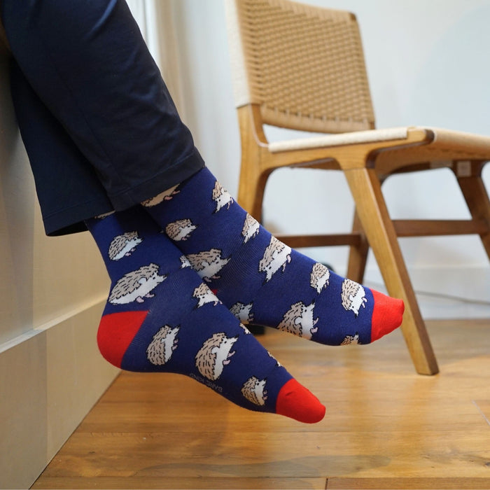 Person wearing blue socks with hedgehog pattern and red toes, sitting on a wooden chair.