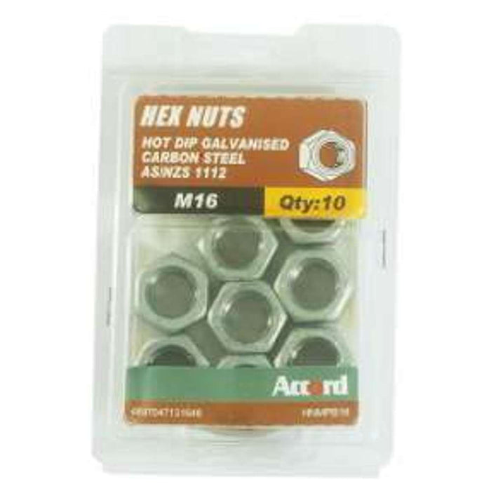 Accord Nuts Hex Galv M16 (10pk)