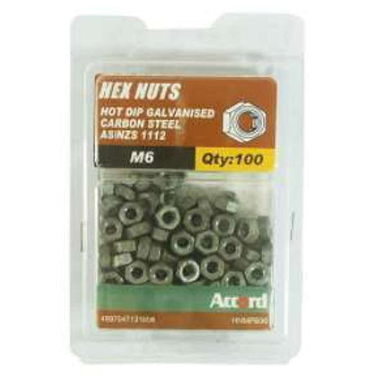 Accord Nuts Hex Galv M6 (100pk)