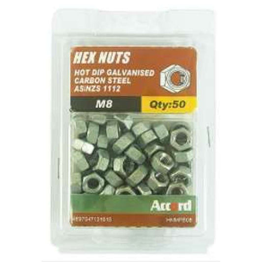 Accord Nuts Hex Galv M8 (50pk)