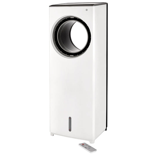 Der Unold AIR COOLER FRESH ist ein großer, weißer, rechteckiger flügelloser Ventilator mit einer runden Öffnung im oberen Bereich und einer kleinen Fernbedienung an der Vorderseite.