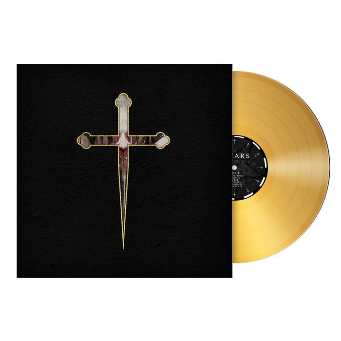 A Metallic Gold LP partially slides from a black album cover featuring a gold-outlined cross with a sharp base—an exclusive limited pressing from Sadistik.