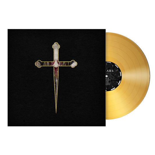 A Metallic Gold LP partially slides from a black album cover featuring a gold-outlined cross with a sharp base—an exclusive limited pressing from Sadistik.