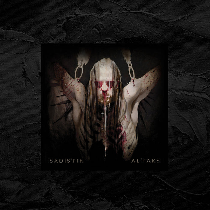 A dark, surreal Sadistik artwork features a pale-skinned figure with facial red markings, long hair, outstretched arms pierced by hooks, and black abstract patterns. The text at the bottom reads "SADISTIK ALTARS" Altars Sticker.