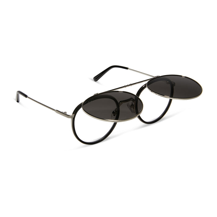 star wars x diff eyewear anakin™️ podracer™️ round prescription glasses with a galactic brushed silver metal frame angled view half open lenses