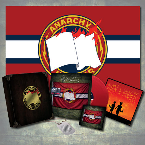 Say Anything merch bundle: includes a limited edition vinyl, CD, dog tag, booklet, dark box, flag with flaming white flag and Anarchy My Dear emblem, plus striking red and black album artwork.