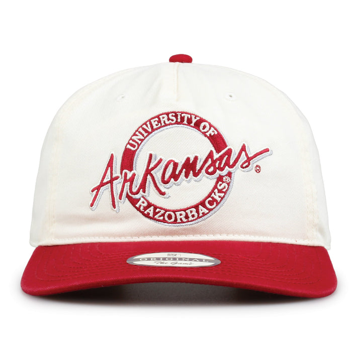 Arkansas Original Circle snapback hat with embroidered school design, front view