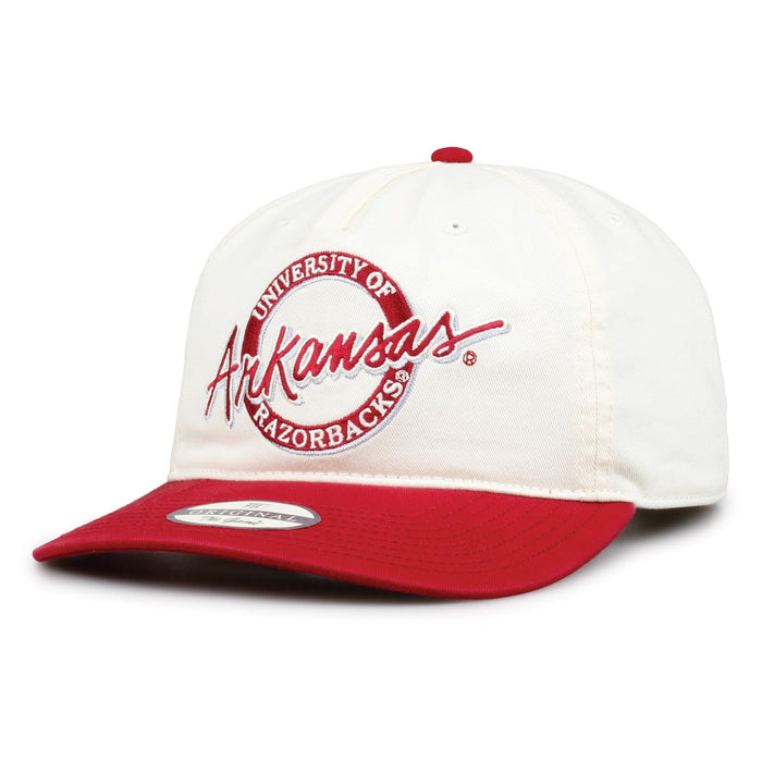 Arkansas Original Circle snapback hat showing embroidered front design and brim, angled view