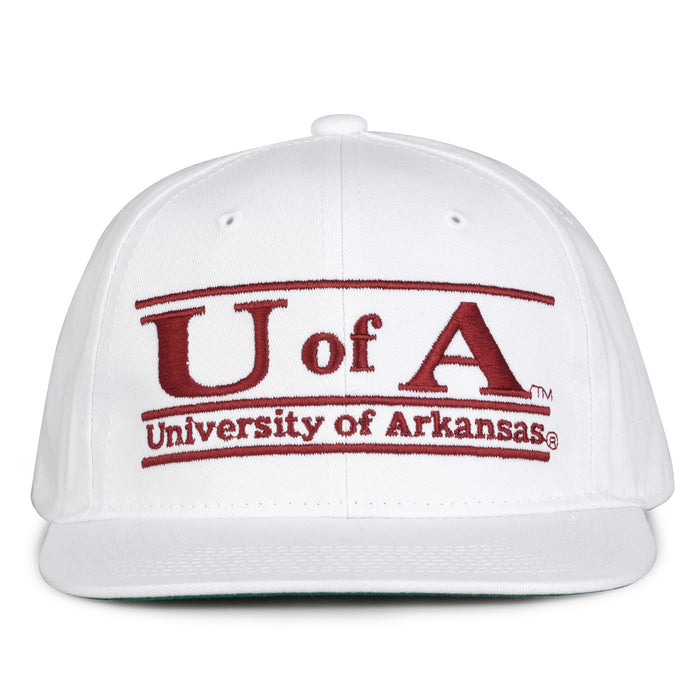 Arkansas Retro Bar snapback hat in white, front view