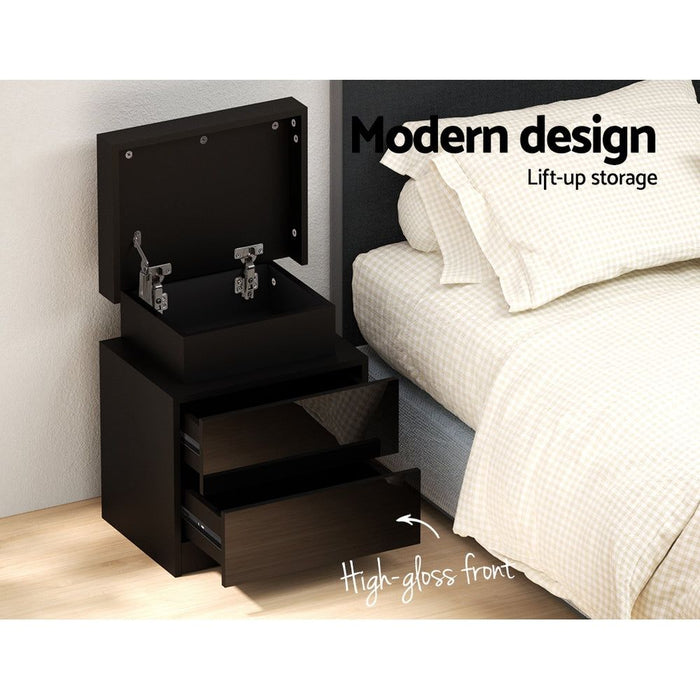 Artiss Bedside Table LED 2 Drawers Lift-up Storage - COLEY Black -Home Living Store - -