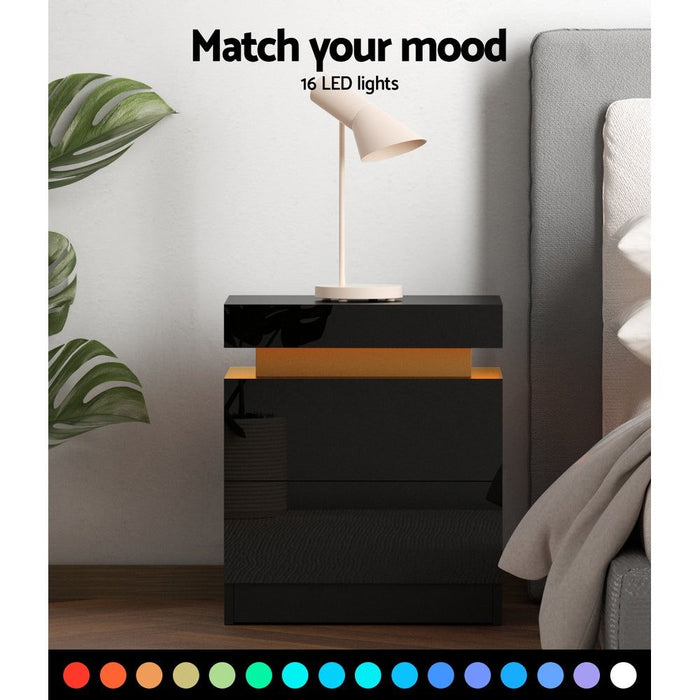 Artiss Bedside Table LED 2 Drawers Lift-up Storage - COLEY Black -Home Living Store - -