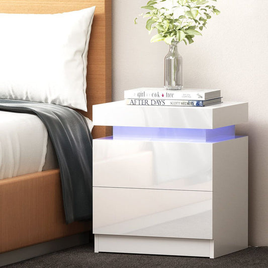 Artiss Bedside Table LED 2 Drawers Lift-up Storage - COLEY White -Home Living Store - -