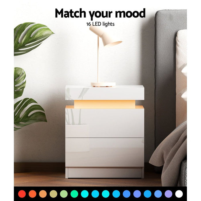 Artiss Bedside Table LED 2 Drawers Lift-up Storage - COLEY White -Home Living Store - -