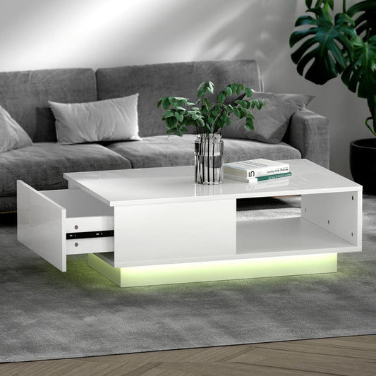 Artiss Coffee Table Led Lights White -Home Living Store - -