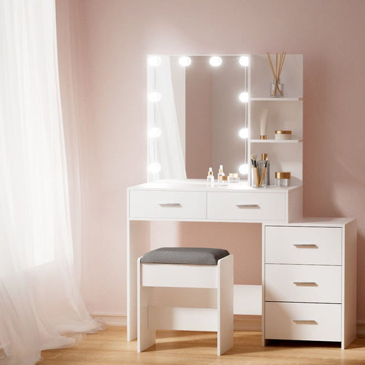Artiss Dressing Table LED 10 Bulbs Makeup Mirror Stool Set Vanity Desk White -Home Living Store - -