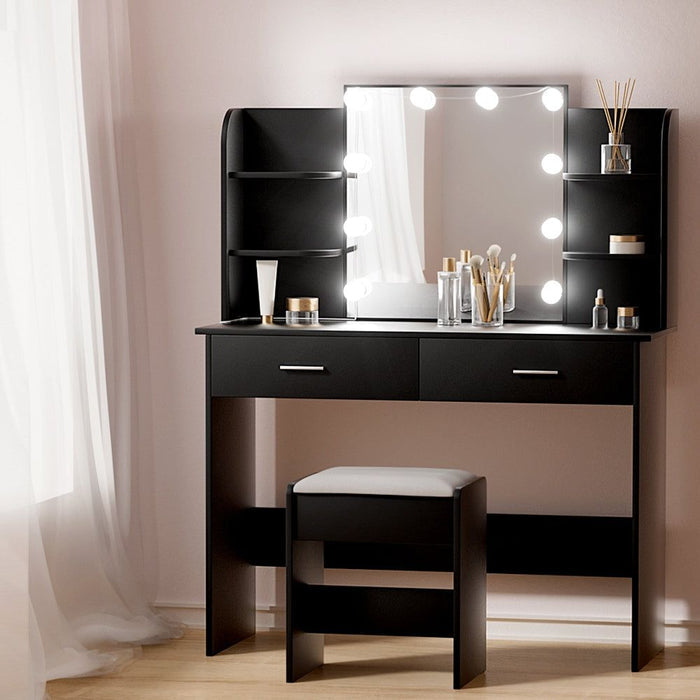 Artiss Dressing Table Set Stool 10 Led Bulbs Black Dulcea -Home Living Store - -
